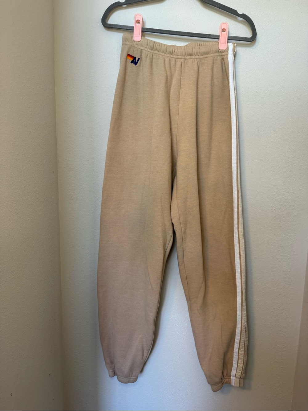 Aviator Nation 5 Stripe Sweatpants in a Sand Tan color - Picture 3 of 7